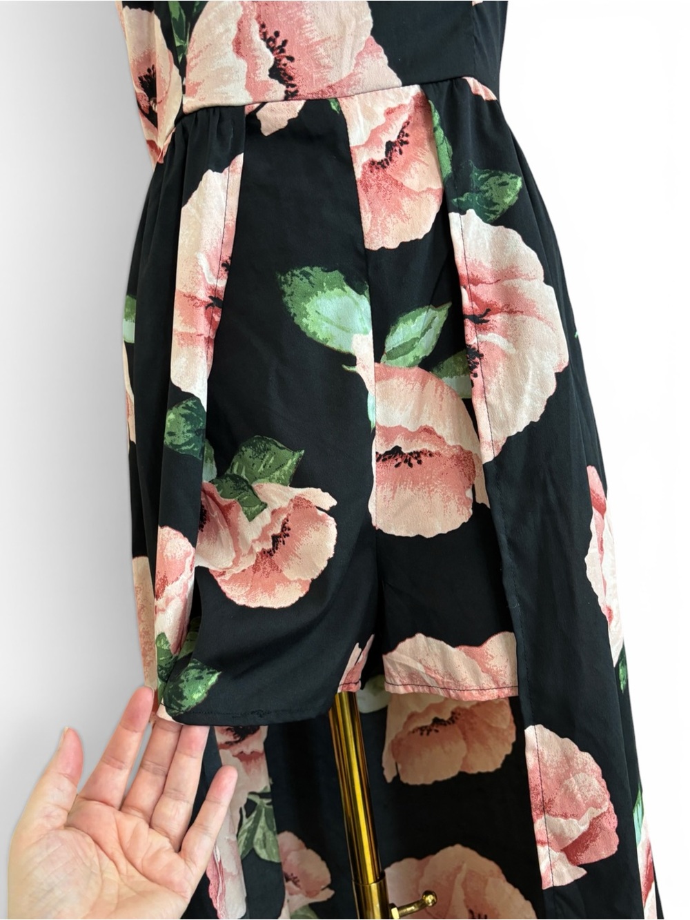 Band of Gypsies Floral Maxi Overlay Romper Women S Black Blush Smocked Boho - Picture 13 of 16